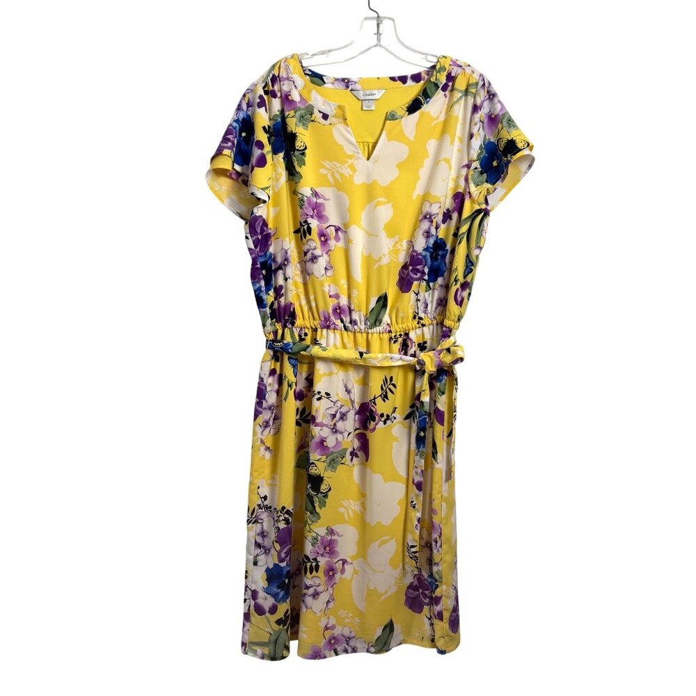 CJ Banks Yellow Floral Print Dress Belt MIDI XL Sundress Size X‎